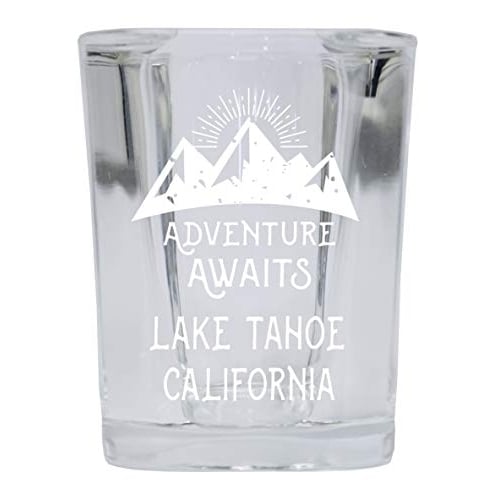 Lake Tahoe California Souvenir Laser Engraved 2 Ounce Square Base Liquor Shot Glass 4-Pack Adventure Awaits Design Image 1