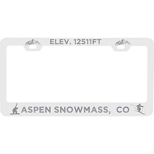 R and R Imports Aspen Snowmass Colorado Etched Metal License Plate Frame White Image 1