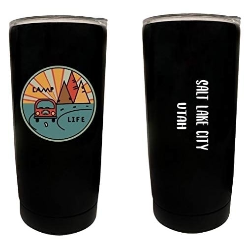 R and R Imports Salt Lake City Utah Souvenir 16 oz Stainless Steel Insulated Tumbler Camp Life Design Black. Image 1