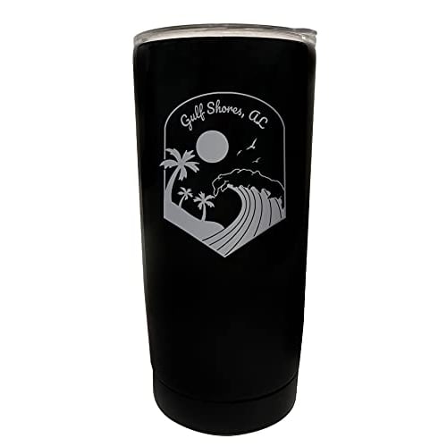 R and R Imports Gulf Shores Alabama Etched 16 oz Stainless Steel Tumbler Wave design Black. Image 1