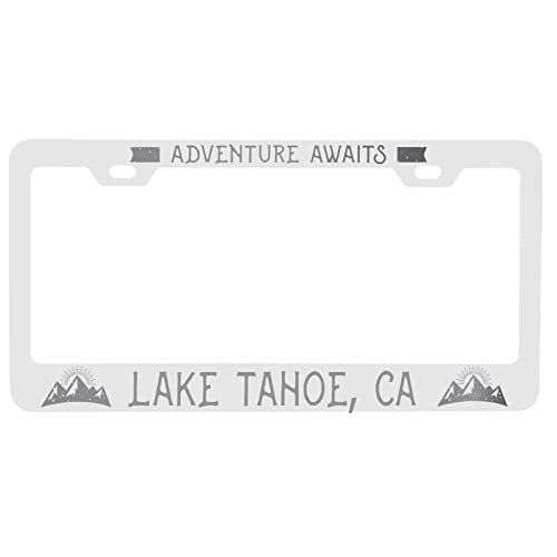 R and R Imports Lake Tahoe California Laser Engraved Metal License Plate Frame Adventures Awaits Design Image 1