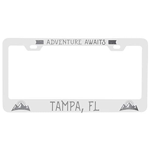 R and R Imports Tampa Florida Laser Engraved Metal License Plate Frame Adventures Awaits Design Image 1