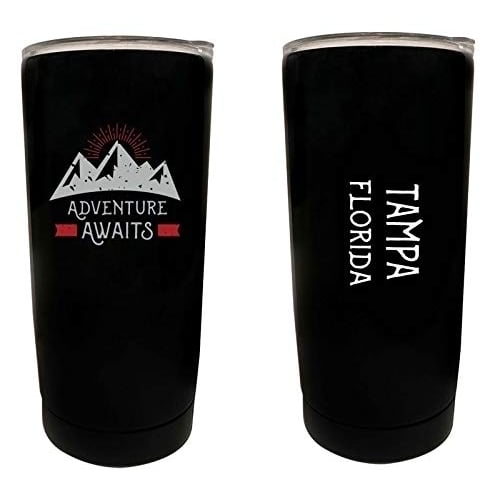 R and R Imports Tampa Florida Souvenir 16 oz Stainless Steel Insulated Tumbler Adventure Awaits Design Black. Image 1