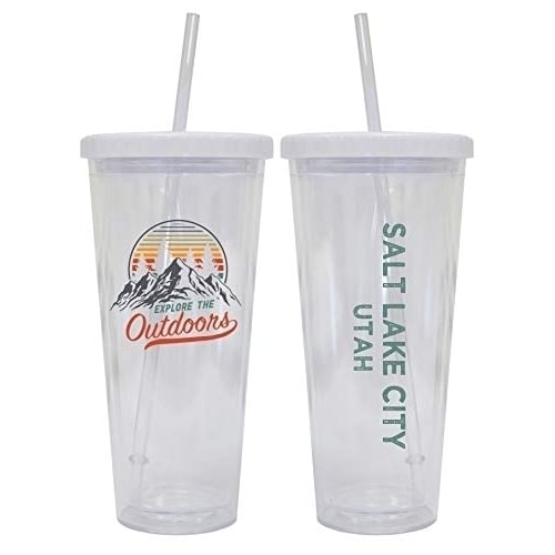 Salt Lake City Utah Camping 24 oz Reusable Plastic Straw Tumbler w/Lid and Straw Image 1