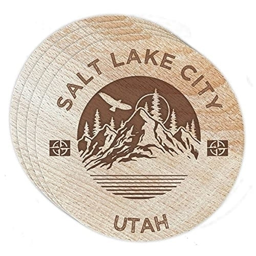 Salt Lake City Utah 4 Pack Engraved Wooden Coaster Camp Outdoors Design Image 1