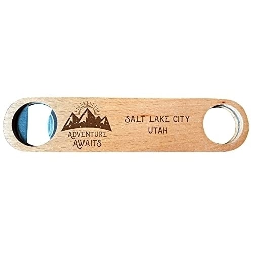 Salt Lake City Utah Laser Engraved Wooden Bottle Opener Adventure Awaits Design Image 1