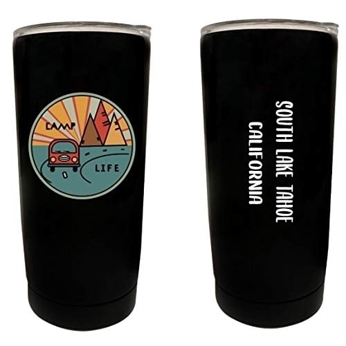 South Lake Tahoe California Souvenir 16 oz Stainless Steel Insulated Tumbler Camp Life Design Black. Image 1