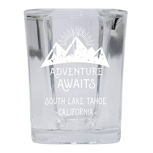 South Lake Tahoe California Souvenir Laser Engraved 2 Ounce Square Base Liquor Shot Glass Adventure Awaits Design Image 1