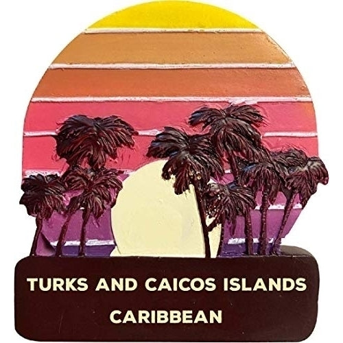 Turks and Caicos Islands Caribbean Trendy Souvenir Hand Painted Resin Refrigerator Magnet Sunset and Palm Trees Design Image 1