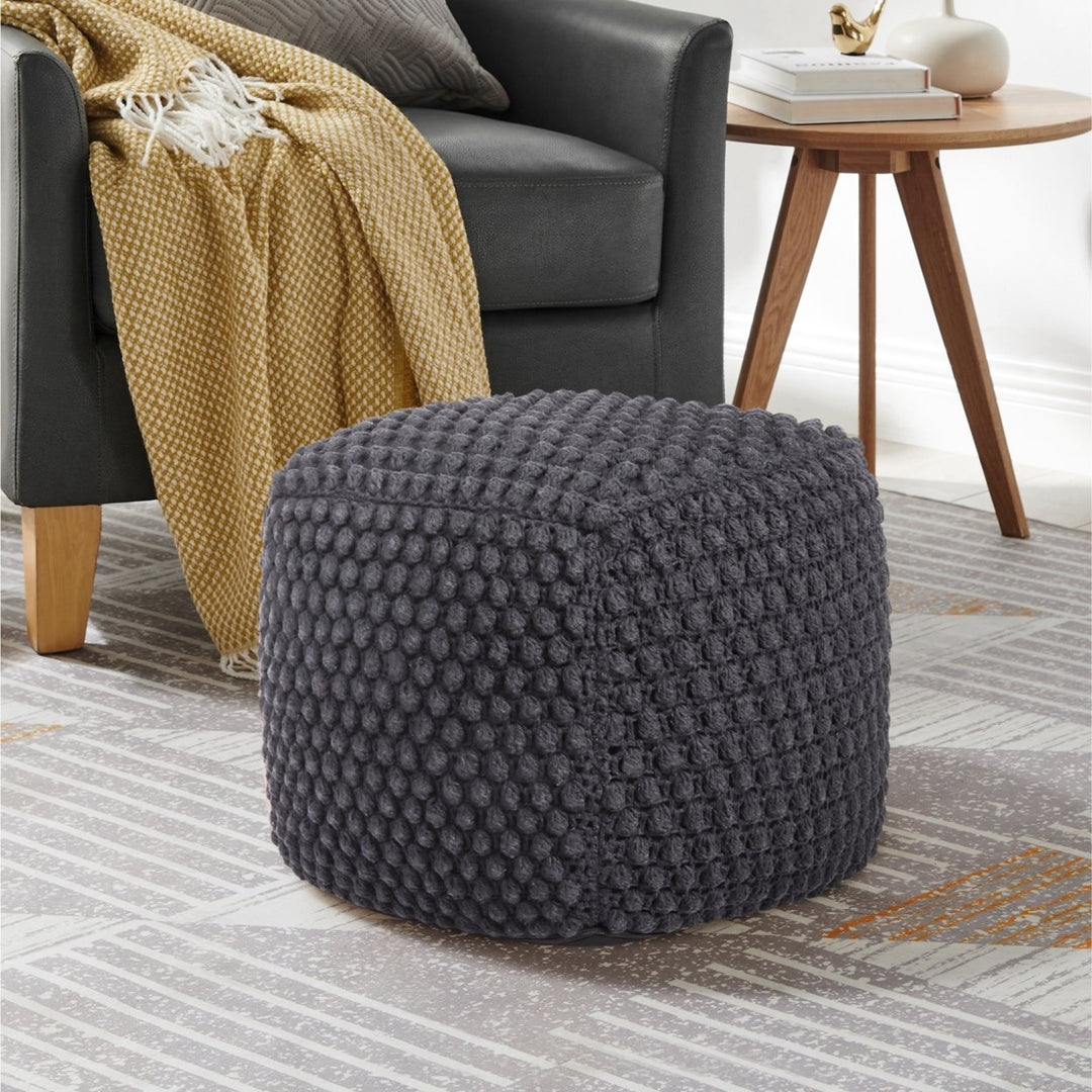 Rick Cotton Yarn Pouf Ottoman Hand Knitted 18x18 Modern Decor Lightweight Neutral Image 1