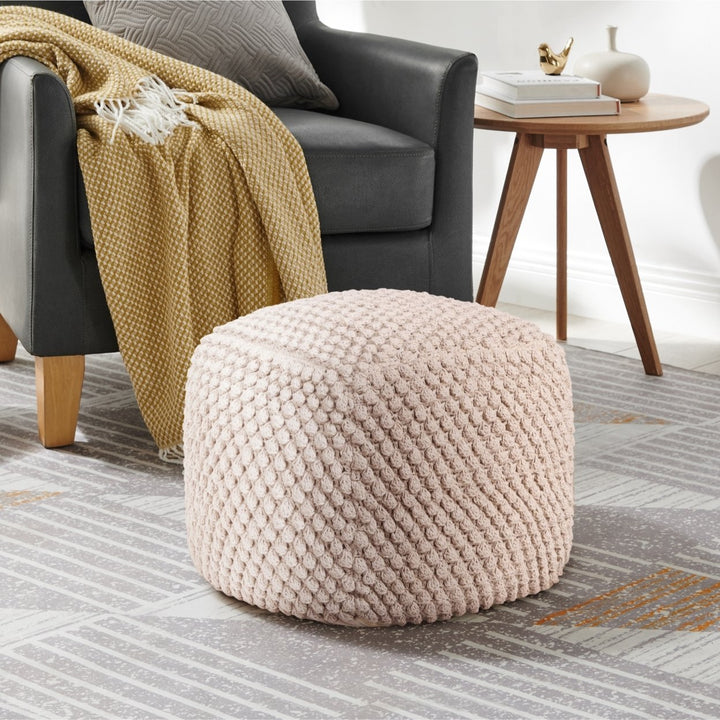 Rick Cotton Yarn Pouf Ottoman Hand Knitted 18x18 Modern Decor Lightweight Neutral Image 1