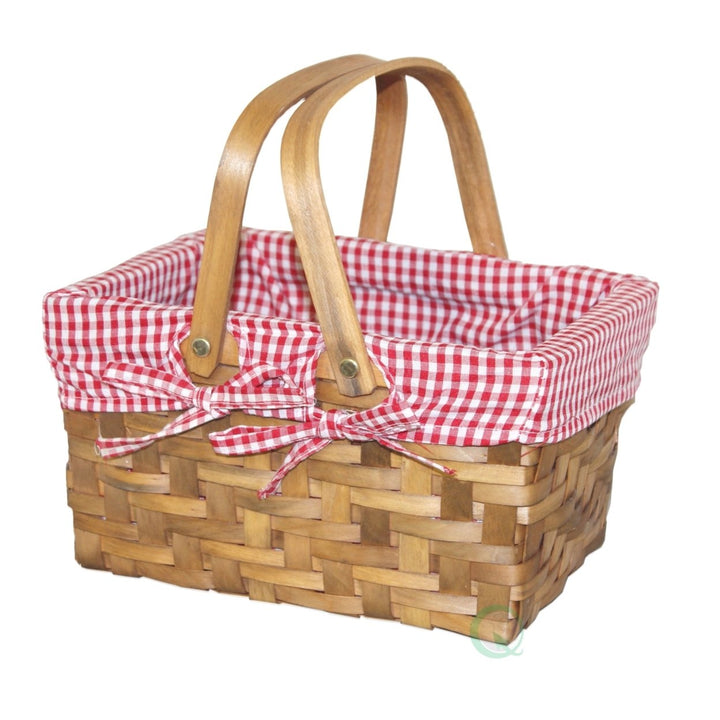 Wood-Chip Basket with Gingham Lining 10.2x7.7x5.5" Carrying Handles Decor Image 1