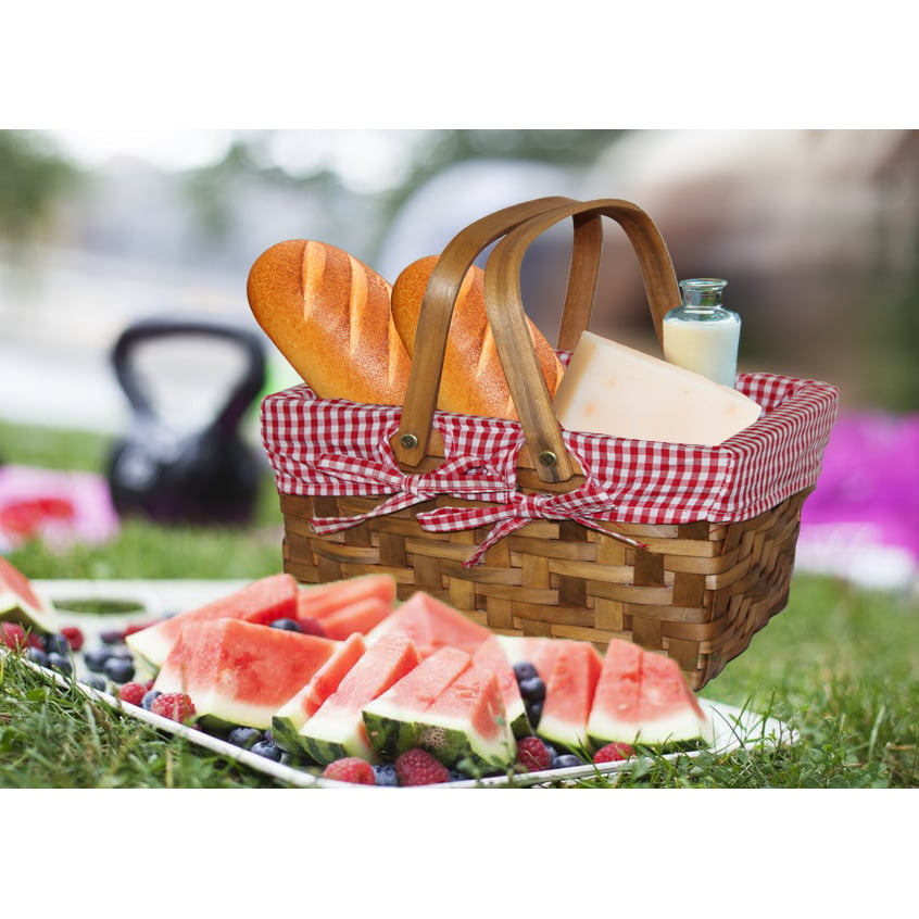 Wood-Chip Basket with Gingham Lining 10.2x7.7x5.5" Carrying Handles Decor Image 3