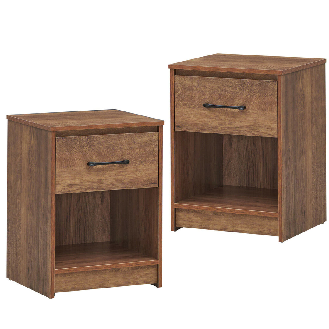 2PCS Nightstand with Drawer Storage Shelf Wooden End Side Table Bedroom Brown / Black / Natiral Image 1