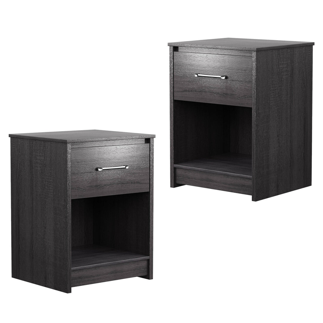 2PCS Nightstand with Drawer Storage Shelf Wooden End Side Table Bedroom Brown / Black / Natiral Image 5