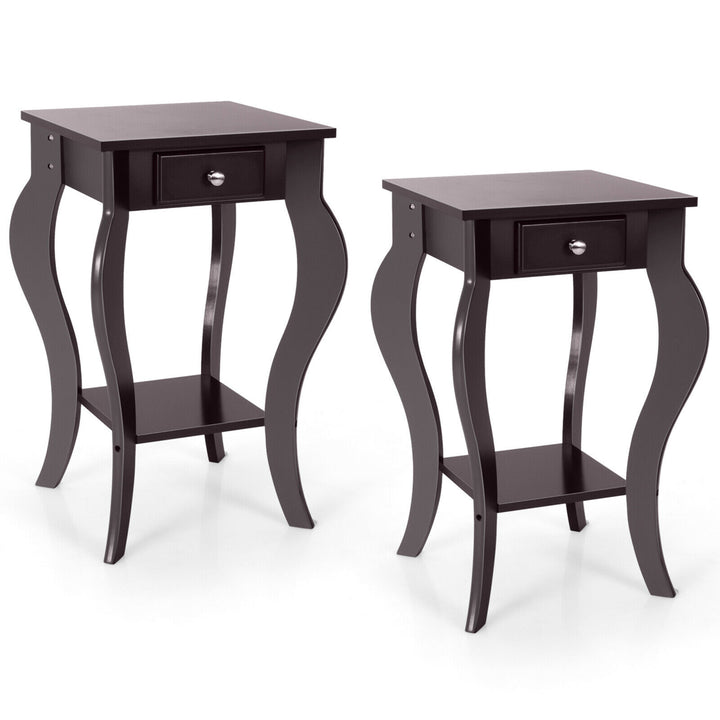 2PCS End Table Accent Side Table Nightstand w/ Drawer and Bottom Shelf Image 6