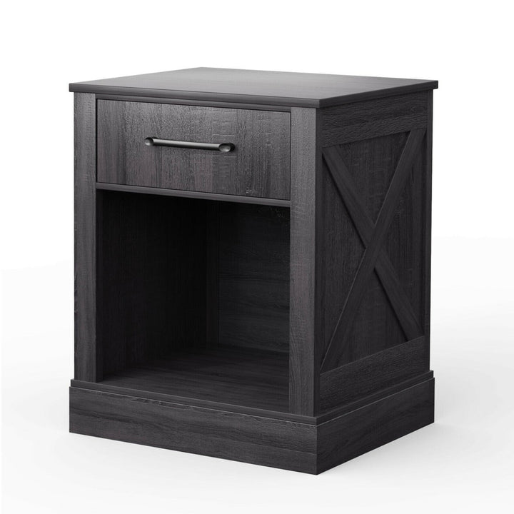 Nightstand with Drawer and Shelf Rustic Wooden Bedside Table Bedroom Brown / Natural / Black Image 1