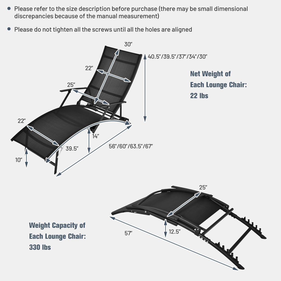 Set of 2 Foldable Patio Chaise Lounge w/ 5-level Backrest Outdoor Recliner Chair Image 2