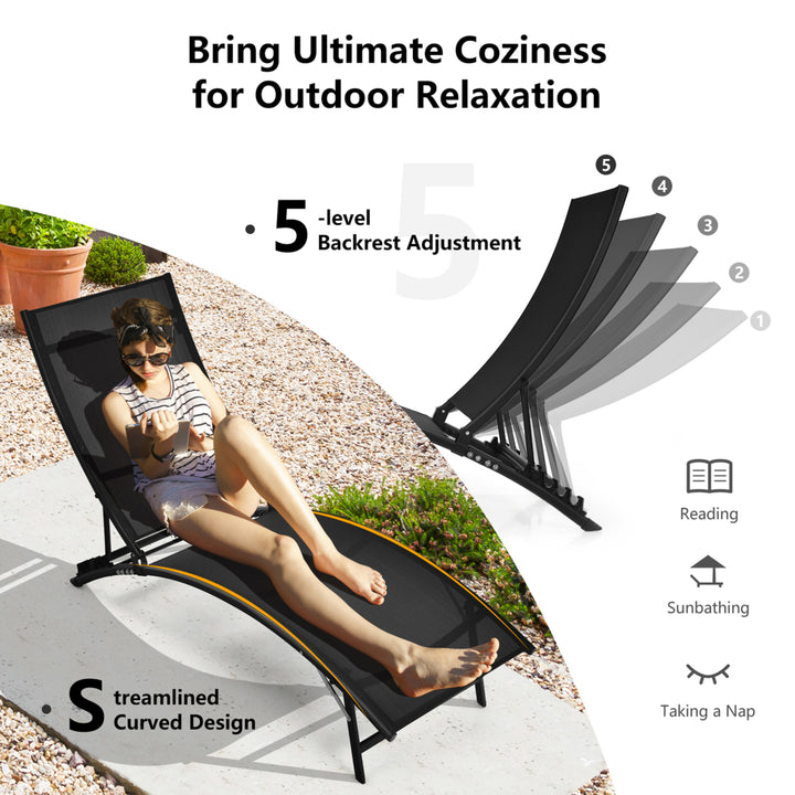 2PCS Outdoor Patio Foldable Chaise Lounge Set w/ 5-Position Adjustable Backrest Image 6