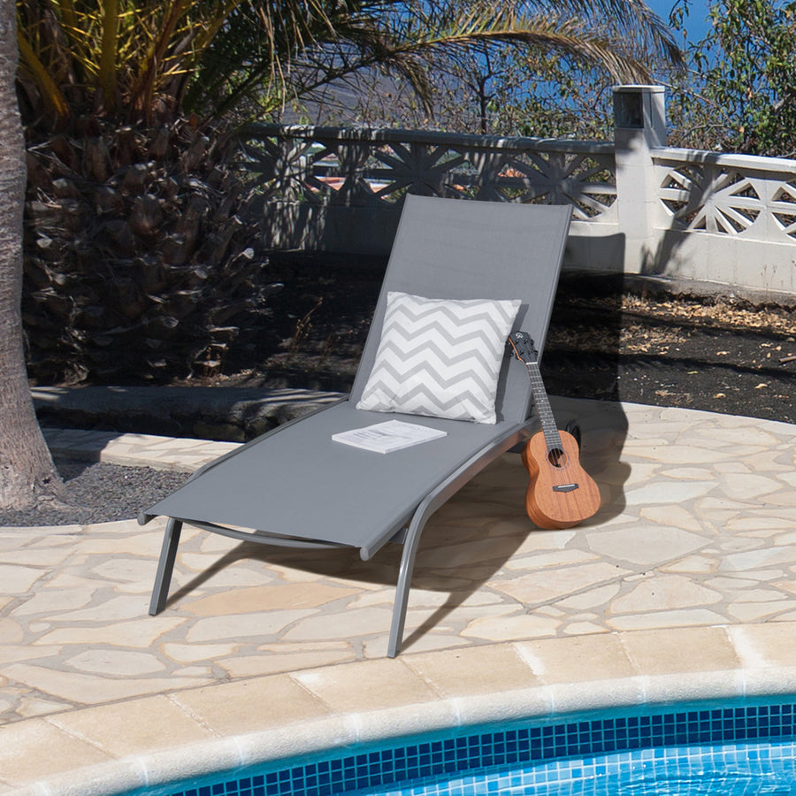 Outdoor Chaise Lounge Chair Adjustable Patio Recliner w/ Wheels Grey Image 1