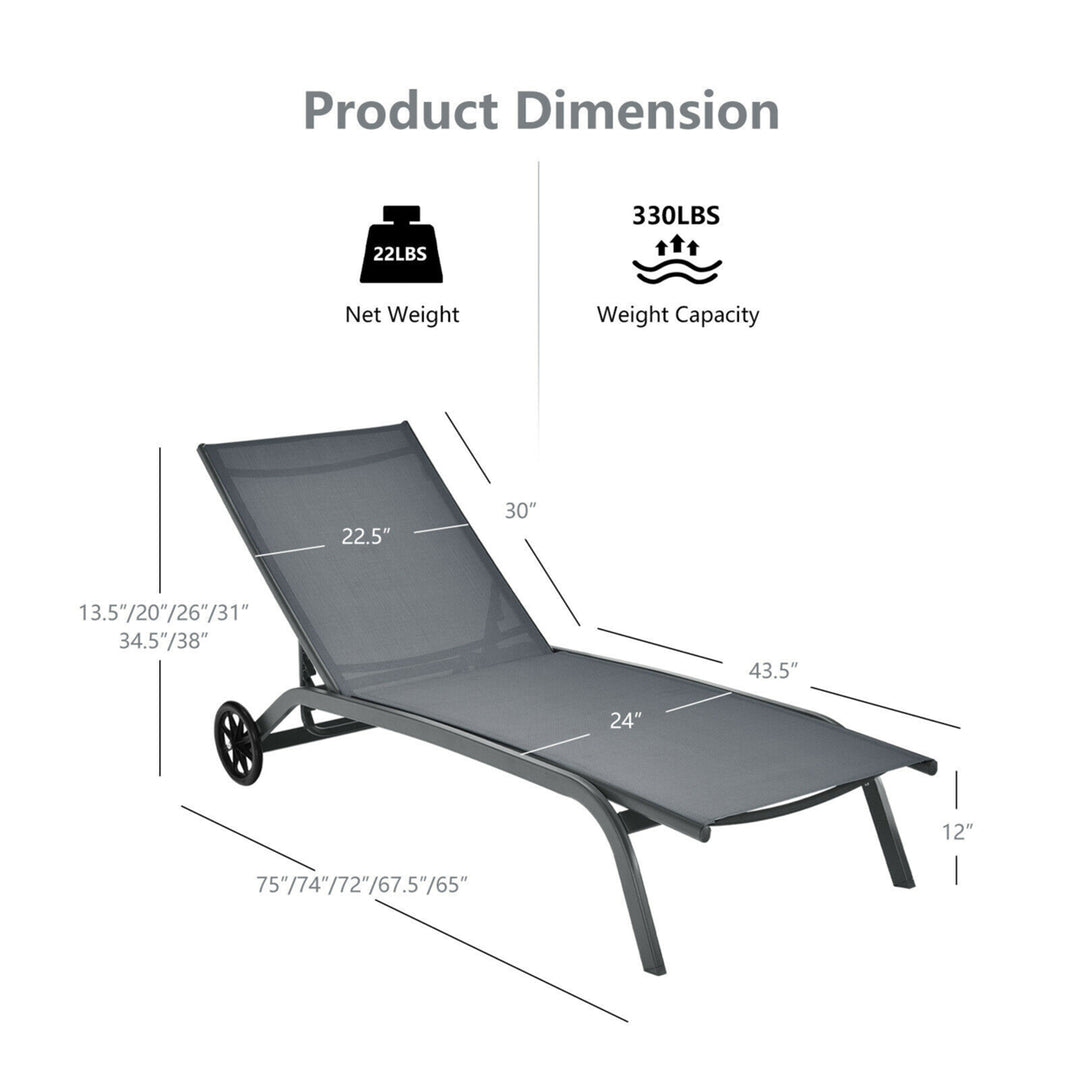 Outdoor Chaise Lounge Chair Adjustable Patio Recliner w/ Wheels Grey Image 3