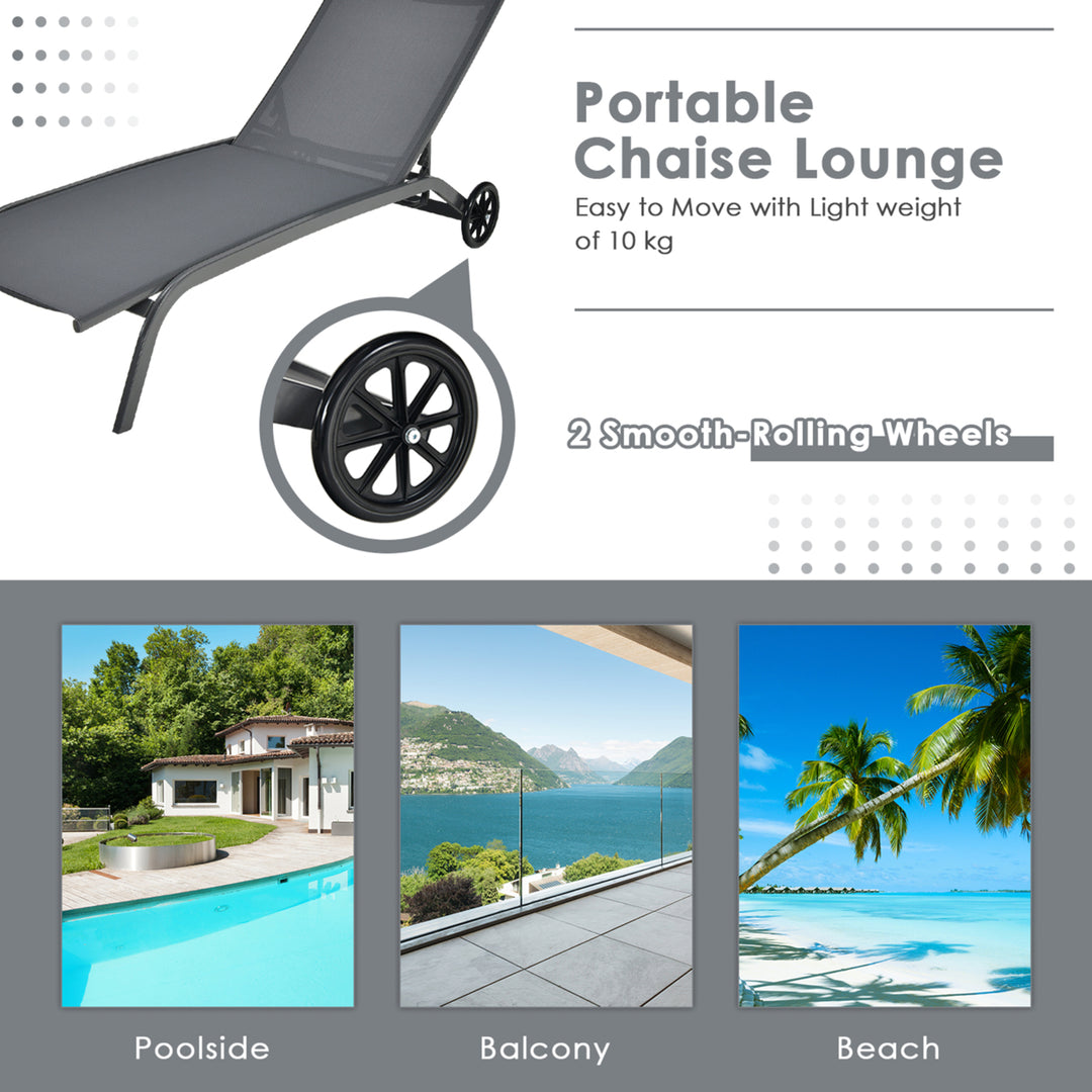 Outdoor Chaise Lounge Chair Adjustable Patio Recliner w/ Wheels Grey Image 4