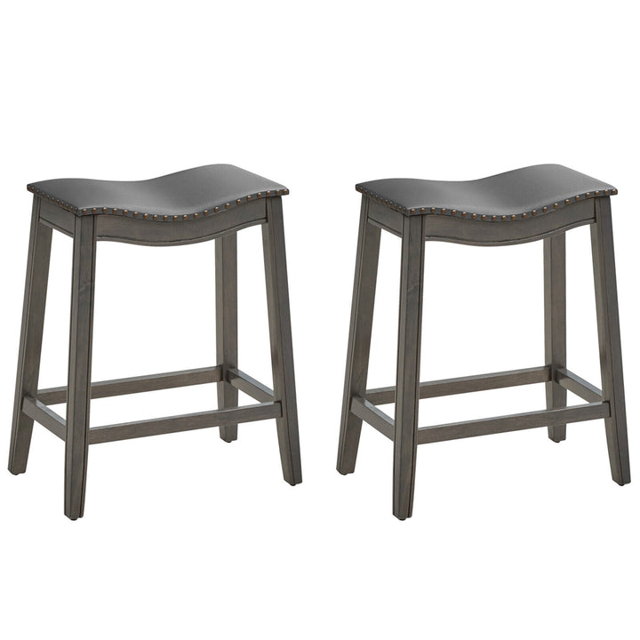 Set of 2 Saddle Bar Stools Counter Height Kitchen Chairs w/ Rubber Wood Legs Image 1