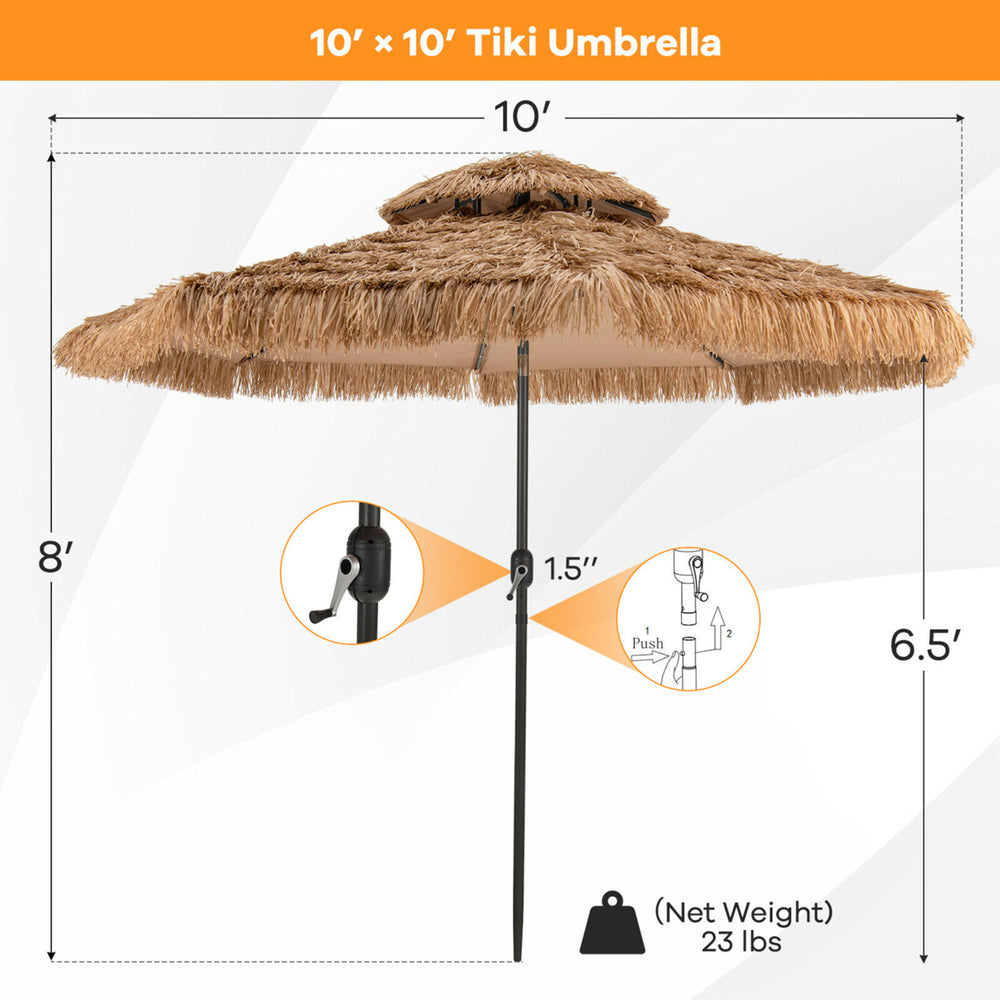 10 ft Solar Lighted Thatched Tiki Patio Umbrella Beach 2 Tier Hawaiian Image 2