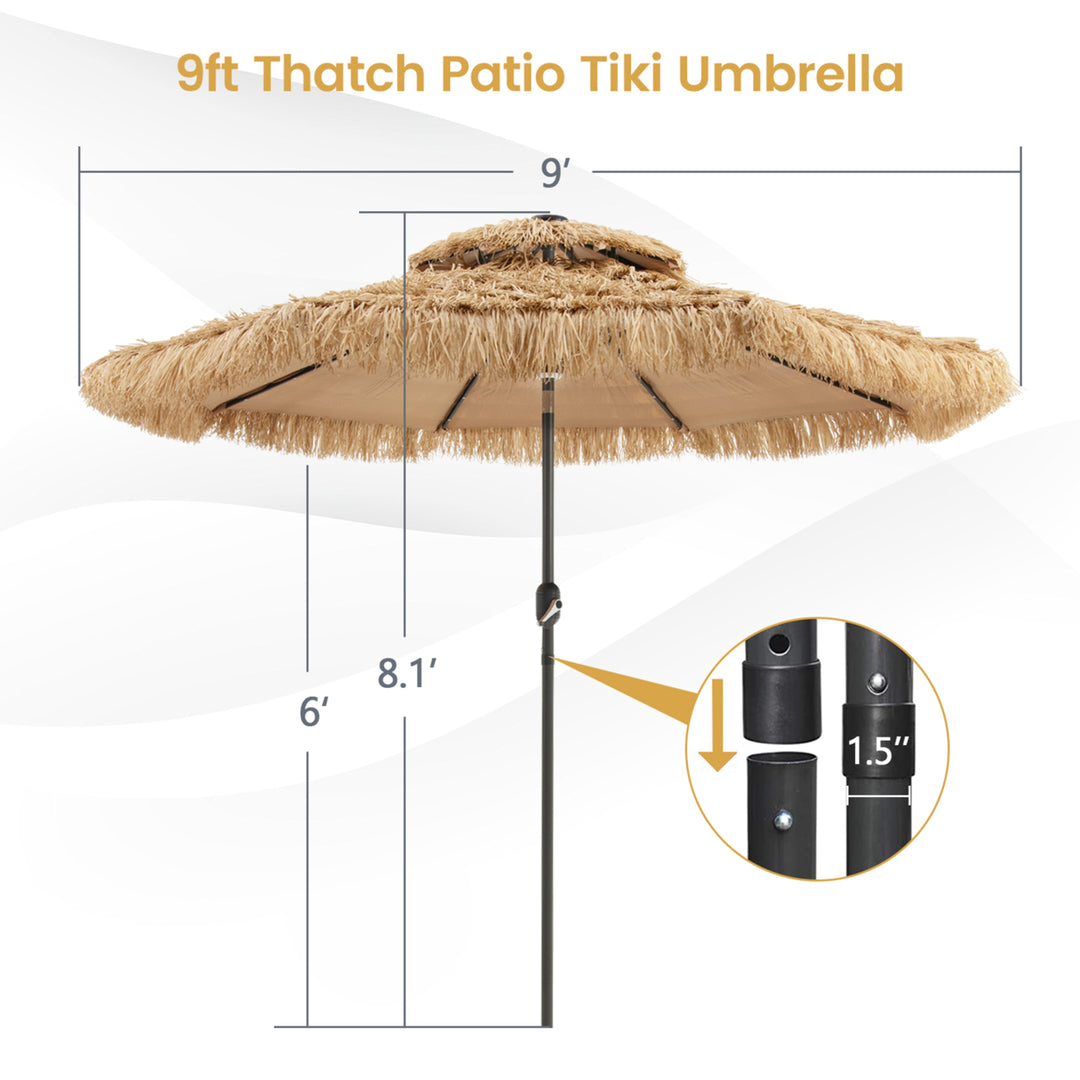 9 ft Solar Powered Thatched Tiki Patio Umbrella Beach 2 Tier Hawaiian Crank Image 2