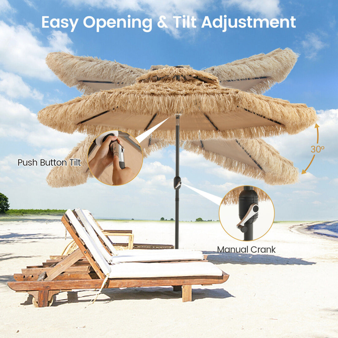 9 ft Solar Powered Thatched Tiki Patio Umbrella Beach 2 Tier Hawaiian Crank Image 6