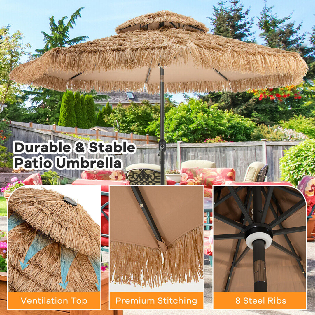 10 ft Solar Lighted Thatched Tiki Patio Umbrella Beach 2 Tier Hawaiian Image 9