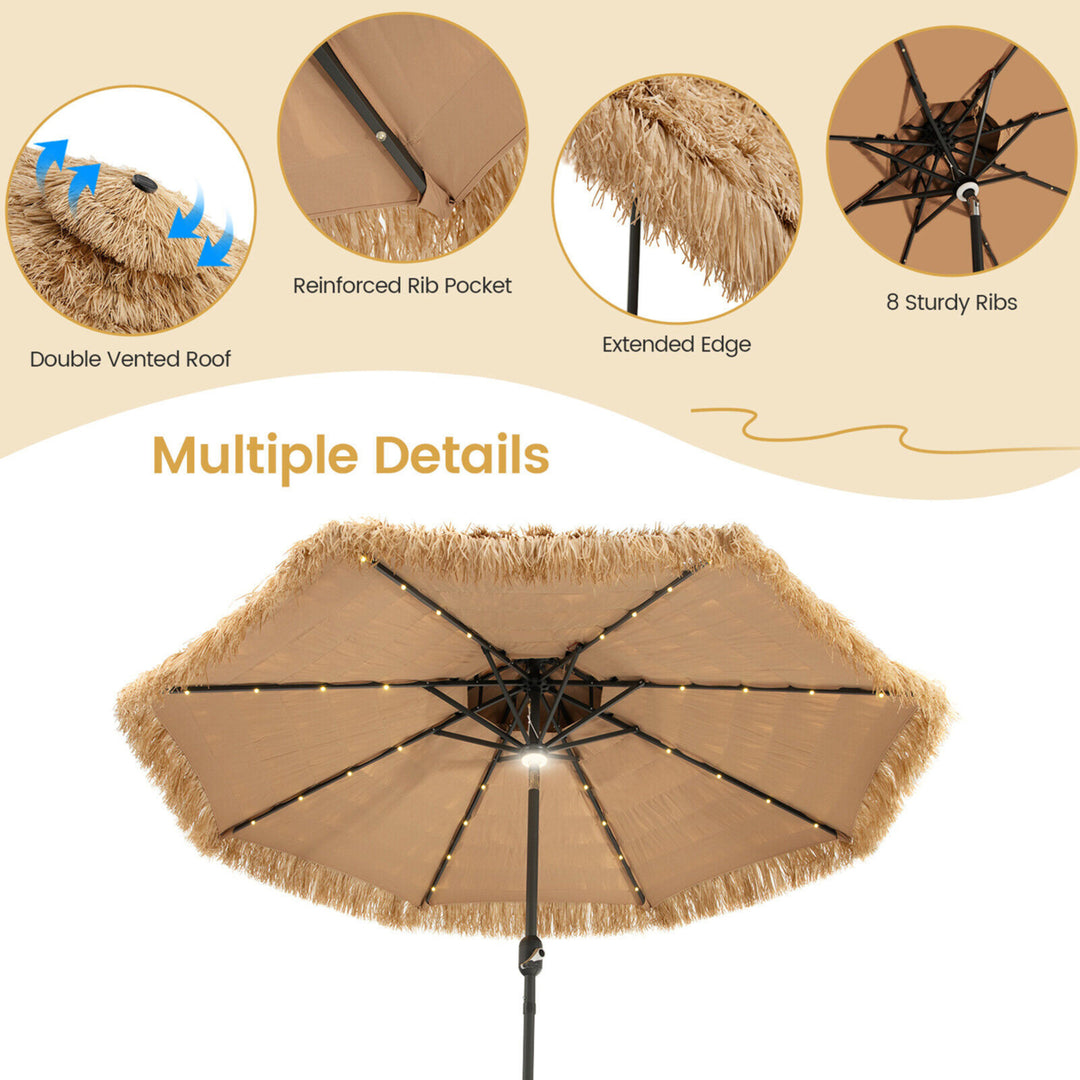 9 ft Solar Powered Thatched Tiki Patio Umbrella Beach 2 Tier Hawaiian Crank Image 9