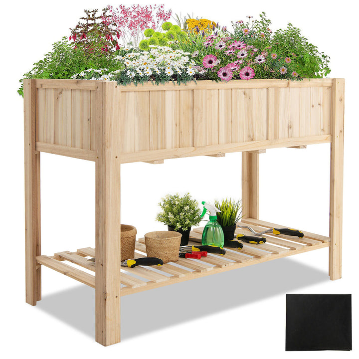 47 Wooden Raised Garden Bed w/Bottom Shelf and Bed Liner Outdoor Elevated Planter Box Image 1