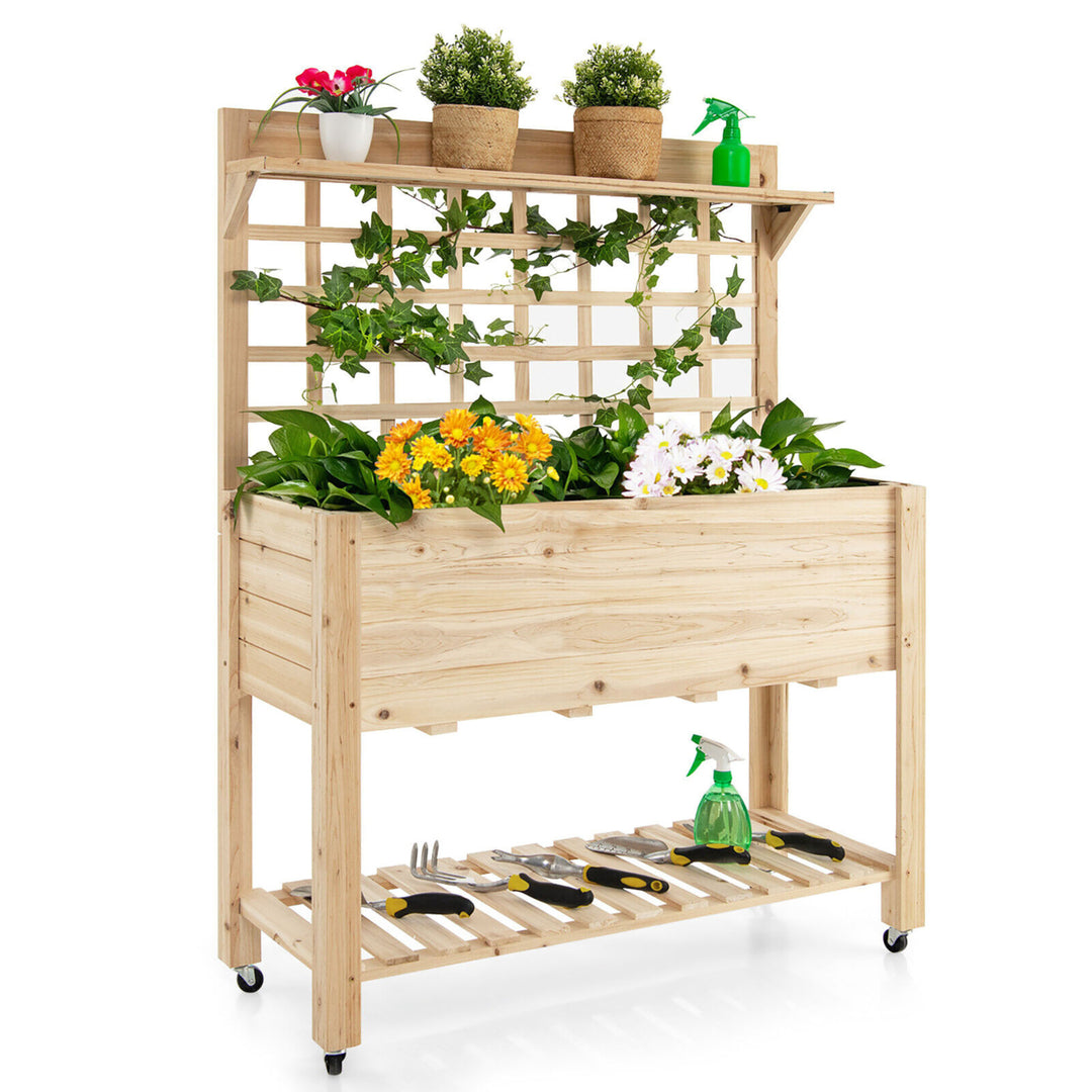 Raised Garden Bed Mobile Elevated Wooden Planter Box w/ Wheels Trellis Shelf Image 1