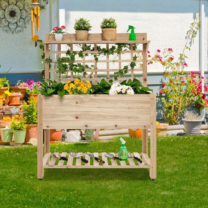 Raised Garden Bed Mobile Elevated Wooden Planter Box w/ Wheels Trellis Shelf Image 3