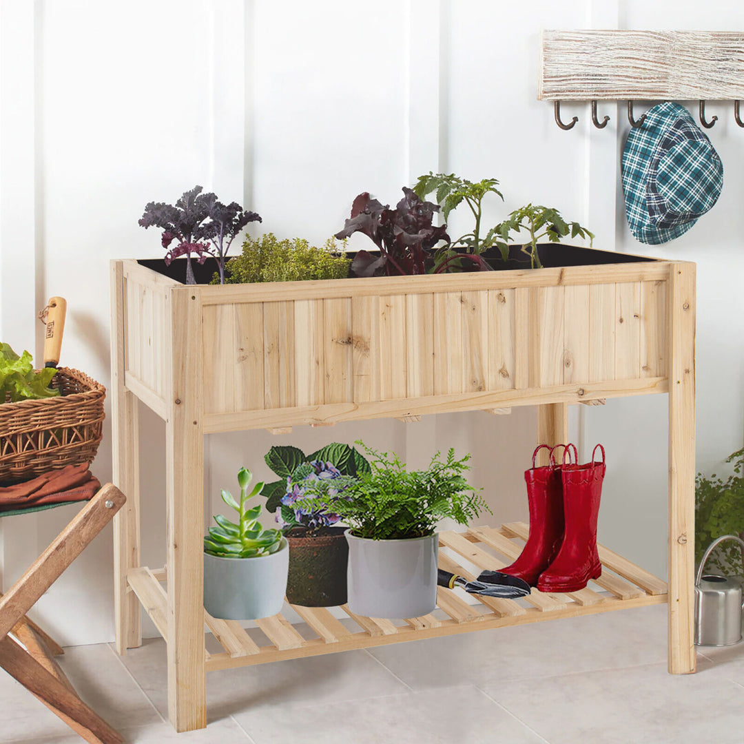 47 Wooden Raised Garden Bed w/Bottom Shelf and Bed Liner Outdoor Elevated Planter Box Image 8