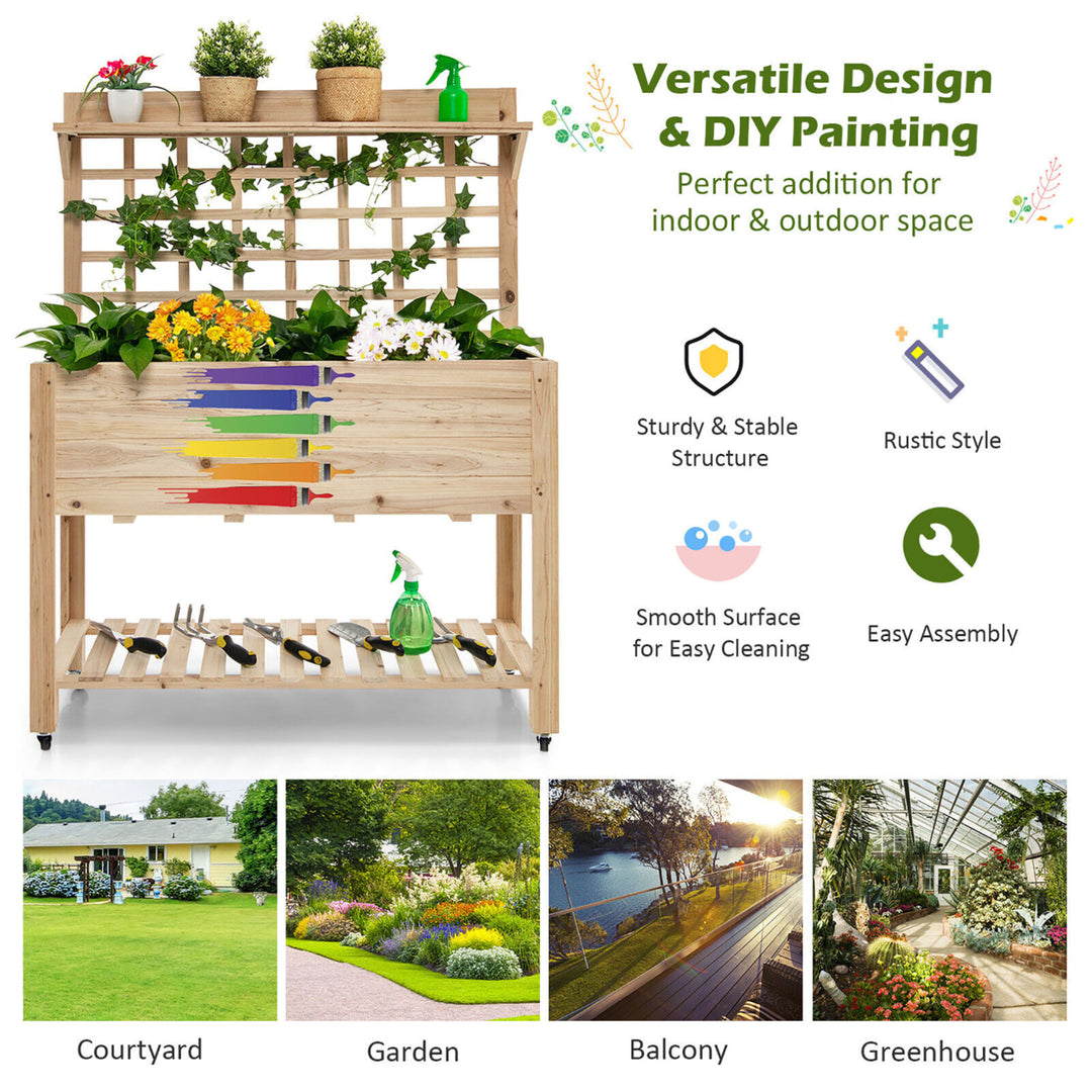 Raised Garden Bed Mobile Elevated Wooden Planter Box w/ Wheels Trellis Shelf Image 5