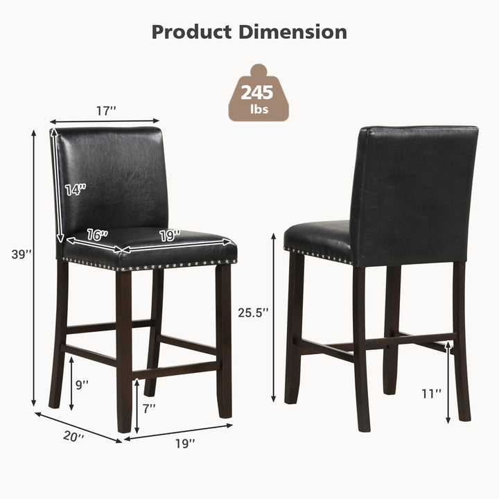 Set of 2 Bar Stools PVC Leather Counter Height Chairs for Kitchen Island Black Image 2