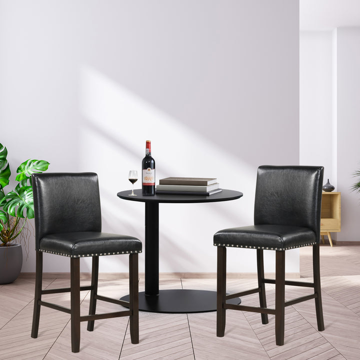 Set of 2 Bar Stools PVC Leather Counter Height Chairs for Kitchen Island Black Image 3