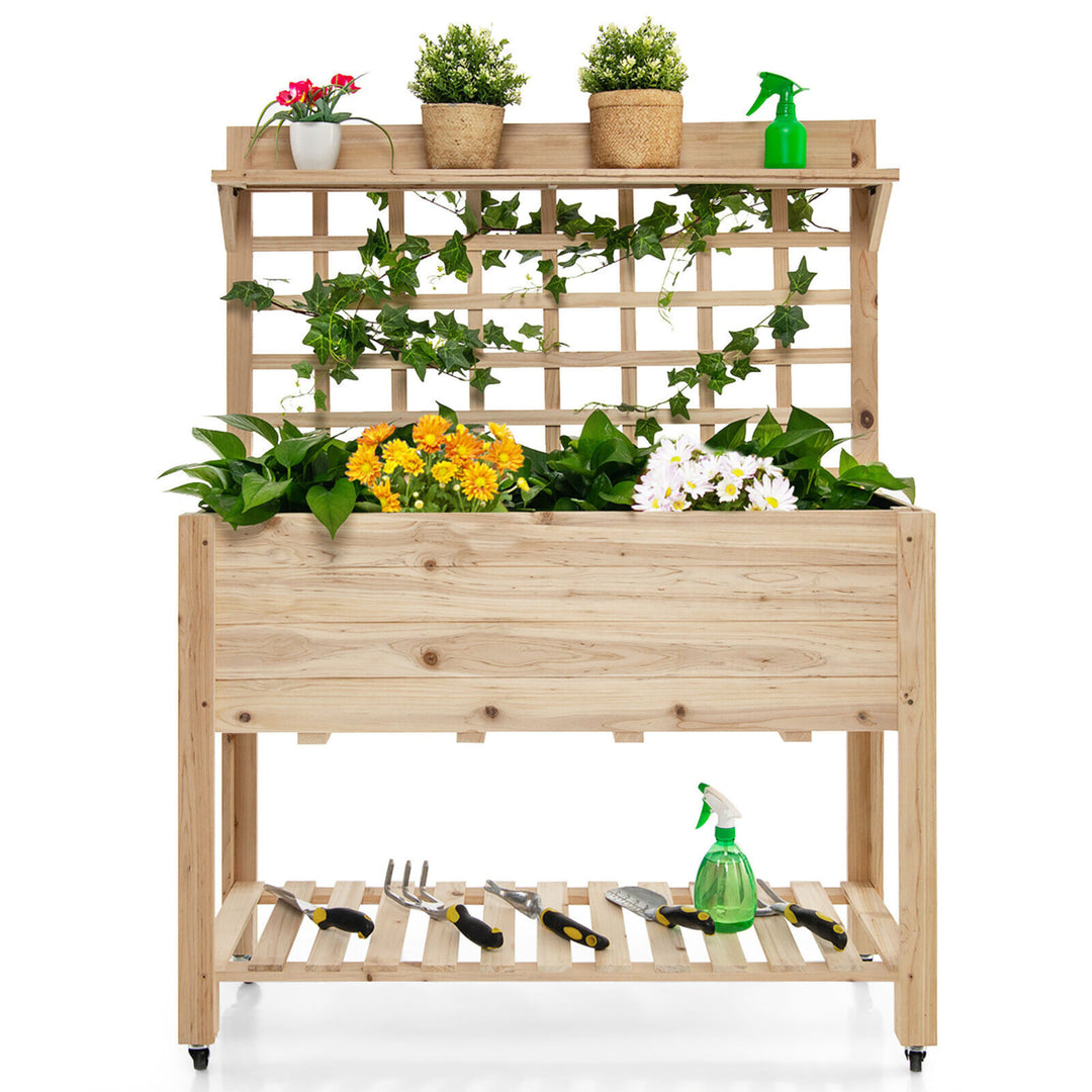 Raised Garden Bed Mobile Elevated Wooden Planter Box w/ Wheels Trellis Shelf Image 10