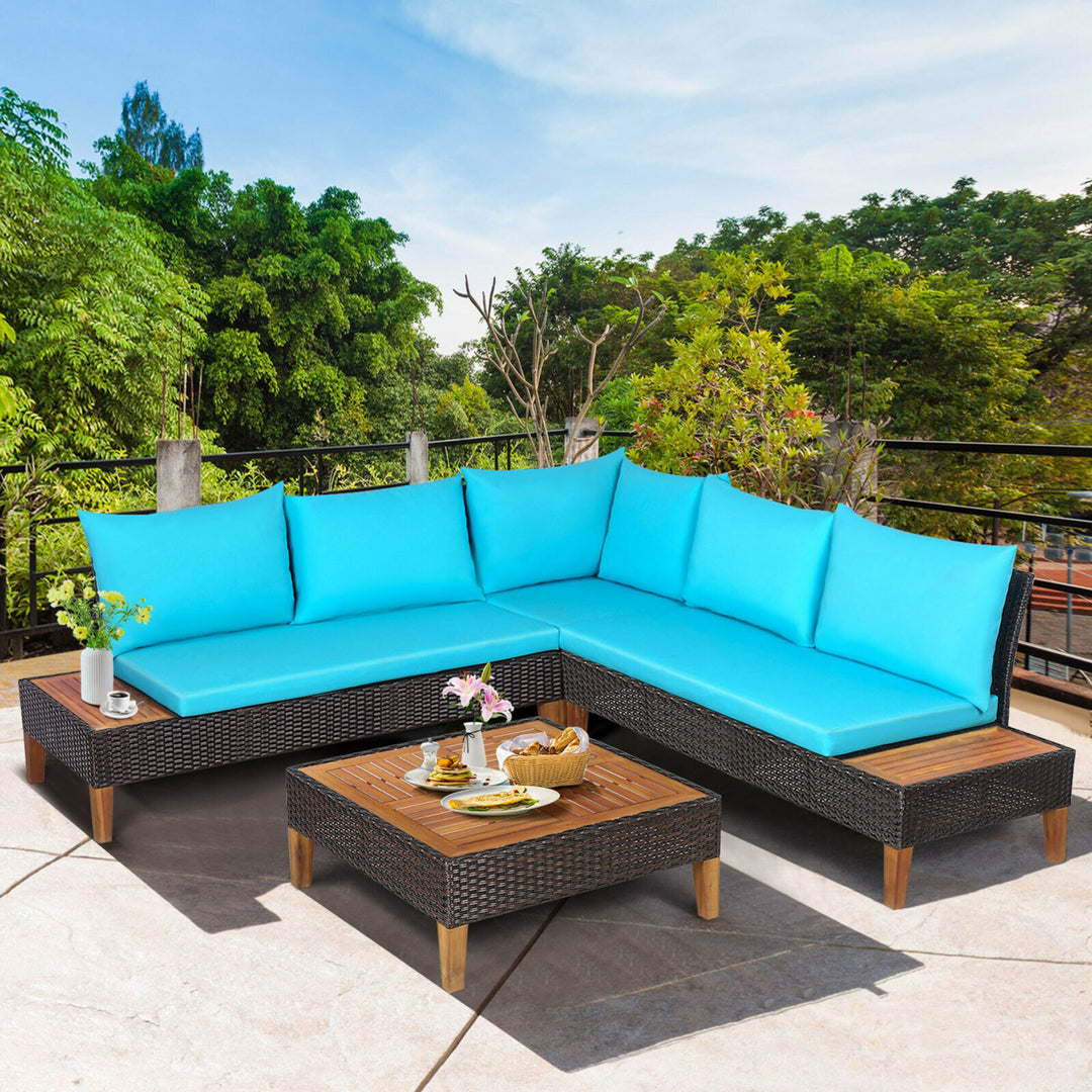 4PCS Acacia Wood Patio Furniture Set Rattan Conversation Set w/ Turquoise Cushions Image 1