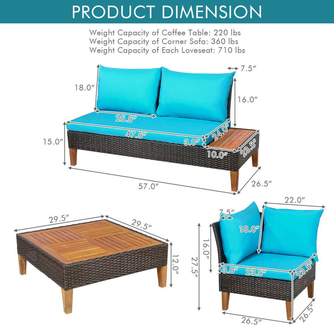 4PCS Acacia Wood Patio Furniture Set Rattan Conversation Set w/ Turquoise Cushions Image 3