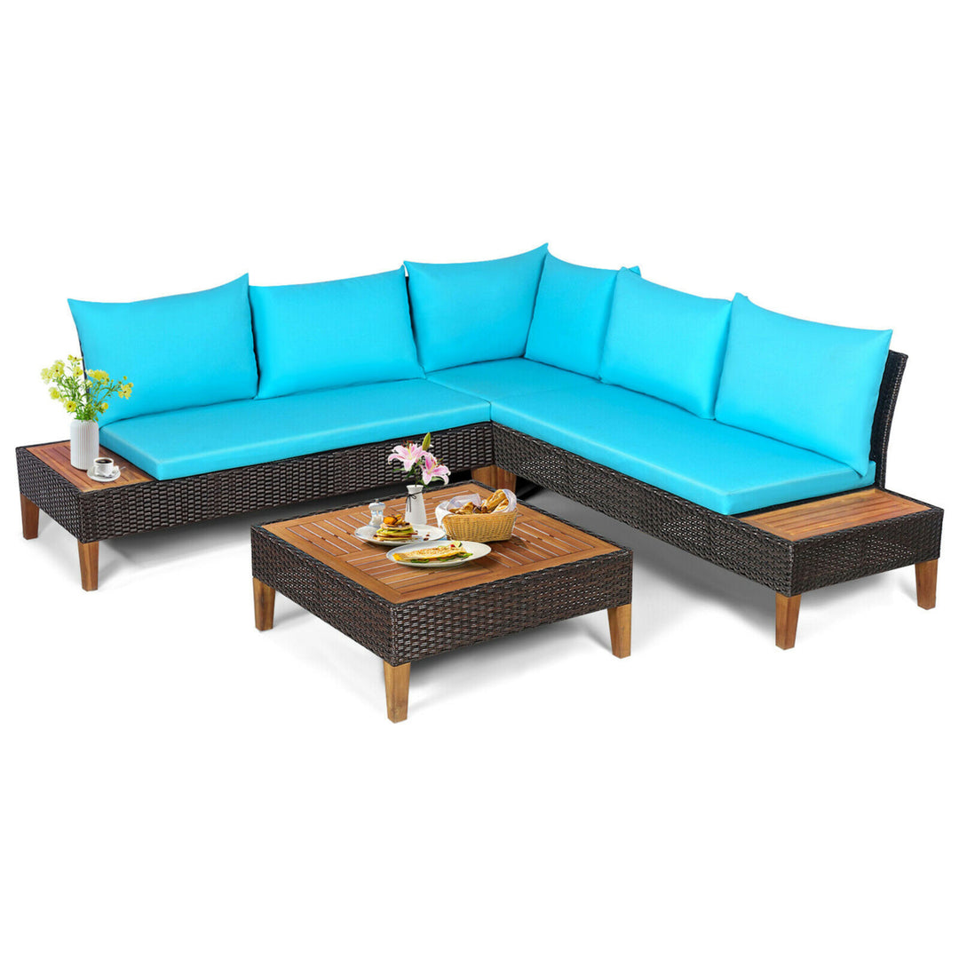 4PCS Acacia Wood Patio Furniture Set Rattan Conversation Set w/ Turquoise Cushions Image 4