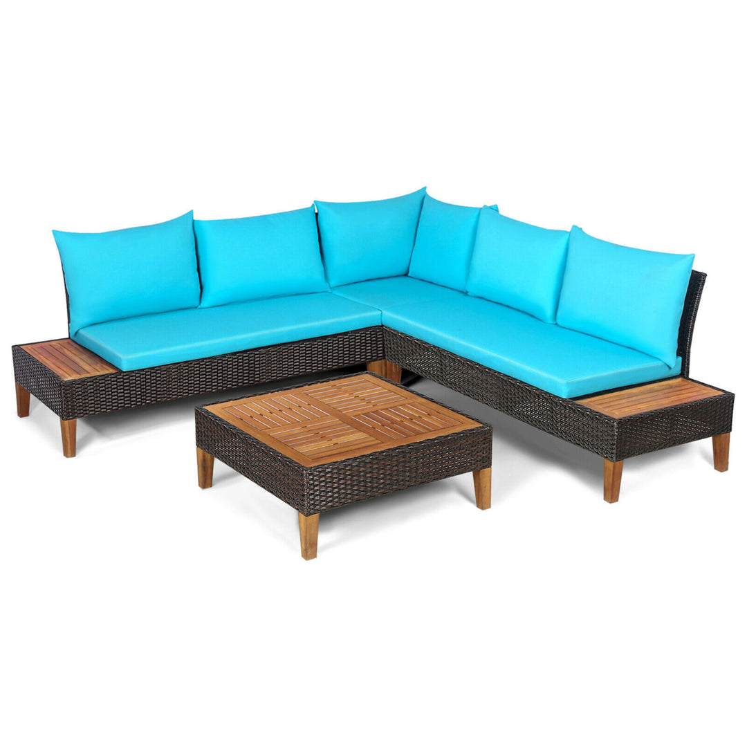 4PCS Acacia Wood Patio Furniture Set Rattan Conversation Set w/ Turquoise Cushions Image 2