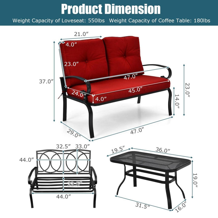 2PCS Patio Loveseat and Table Set Conversation Sofa Set w/ Red Cushions Image 3