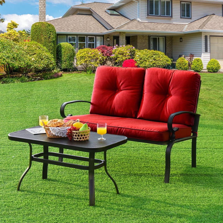 2PCS Patio Loveseat and Table Set Conversation Sofa Set w/ Red Cushions Image 1