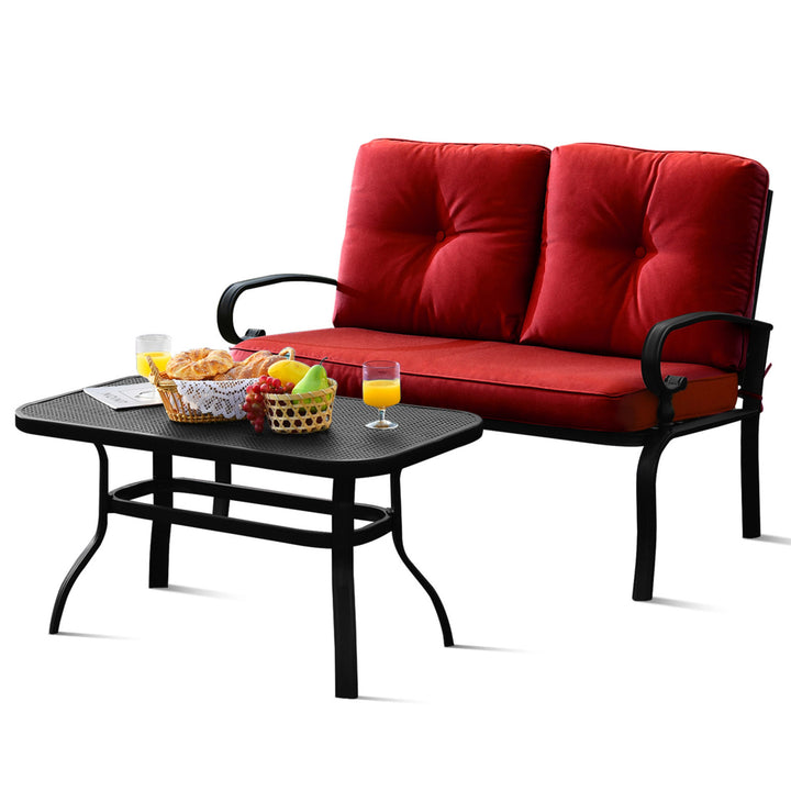 2PCS Patio Loveseat and Table Set Conversation Sofa Set w/ Red Cushions Image 2