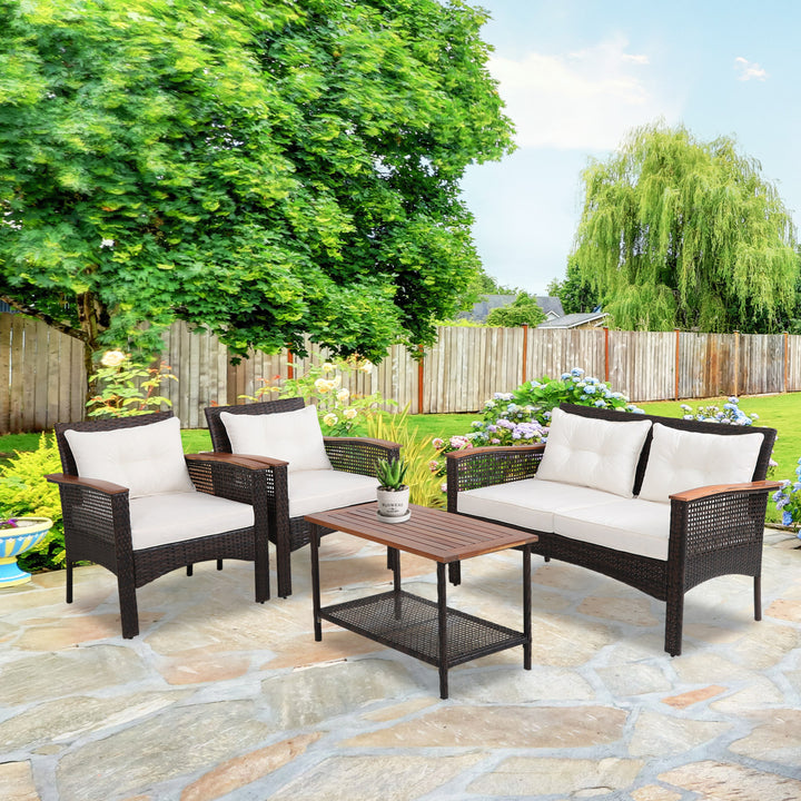 4PCS Rattan Patio Furniture Set Acacia Wood Outdoor Conversation Set w/ Cushions Image 9