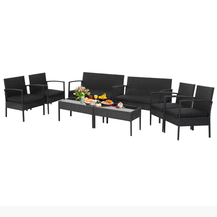 8PCS Rattan Patio Conversation Set Outdoor Wicker Furniture Set w/ Cushions Image 1