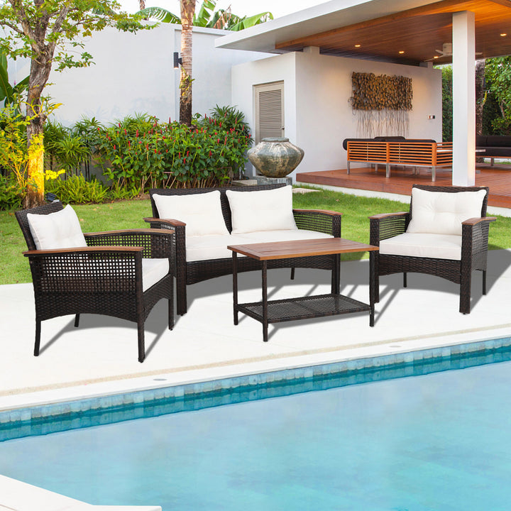 4PCS Rattan Patio Furniture Set Acacia Wood Outdoor Conversation Set w/ Cushions Image 4